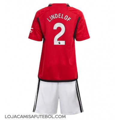 Camisa de Futebol Manchester United Victor Lindelof #2 Equipamento Principal Infantil 2023-24 Manga Curta (+ Calças curtas)